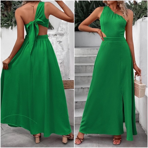 One shoulder Open Back cutout Slit Maxi Dress - Picture 4 of 7